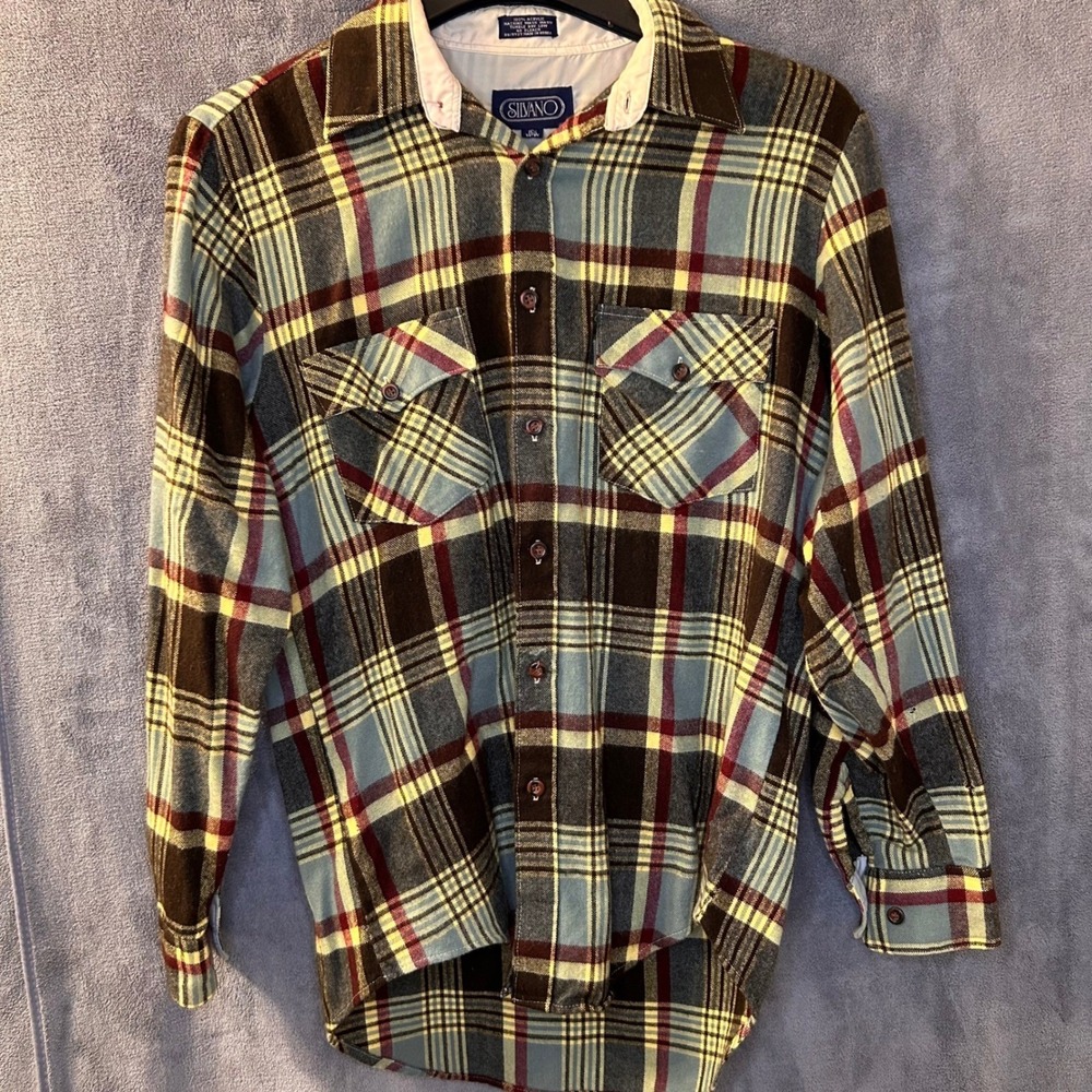VTG 90s Silvano Mens 15.5x33/34 Grunge Plaid Acrylic Long Sleeve Button Up